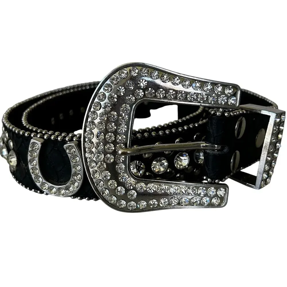 Vintage Rhinestone Studded Leather Bling Western Glam Statement Belt Y2K 34 - 36
